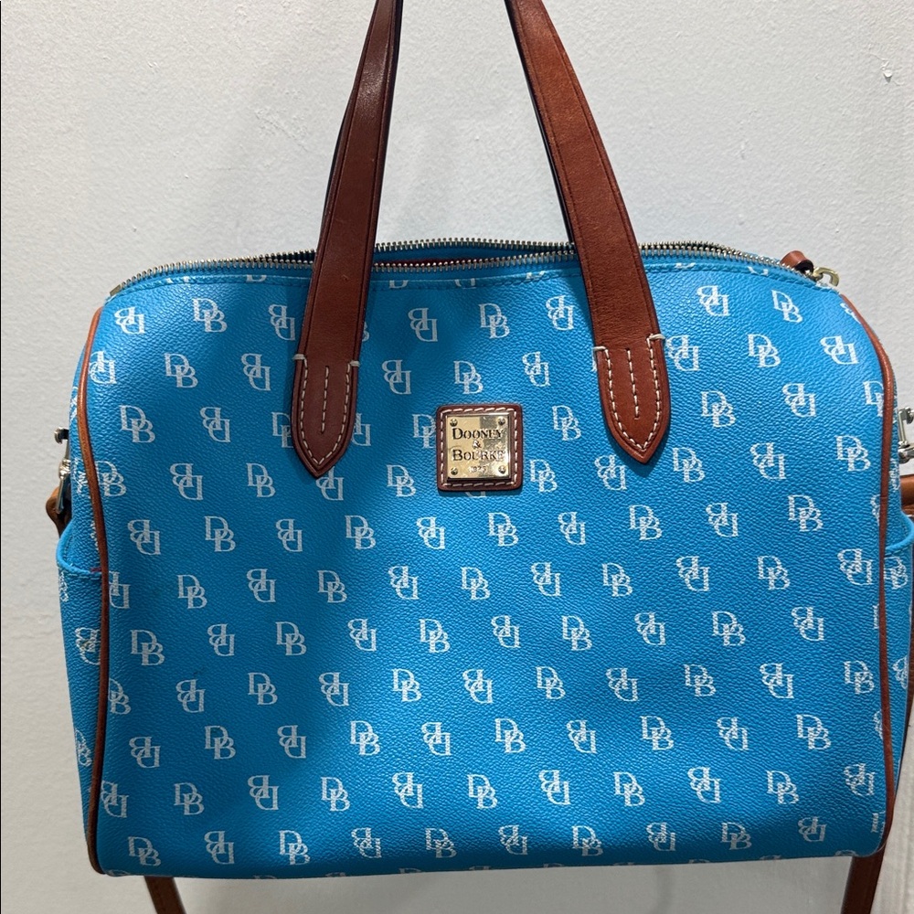 Dooney & Bourke Bright Teal Logo Satchel with Brown Leather Trim